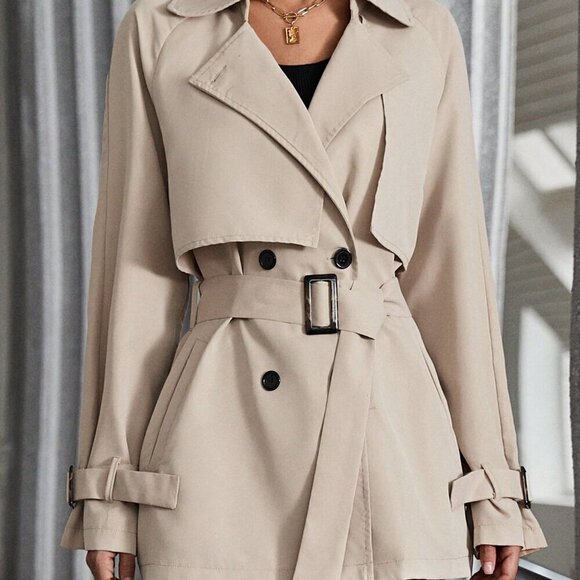 Khaki Casual Women's Raglan Sleeve Double Breasted Belted Trench Coat - Picture 6 of 6